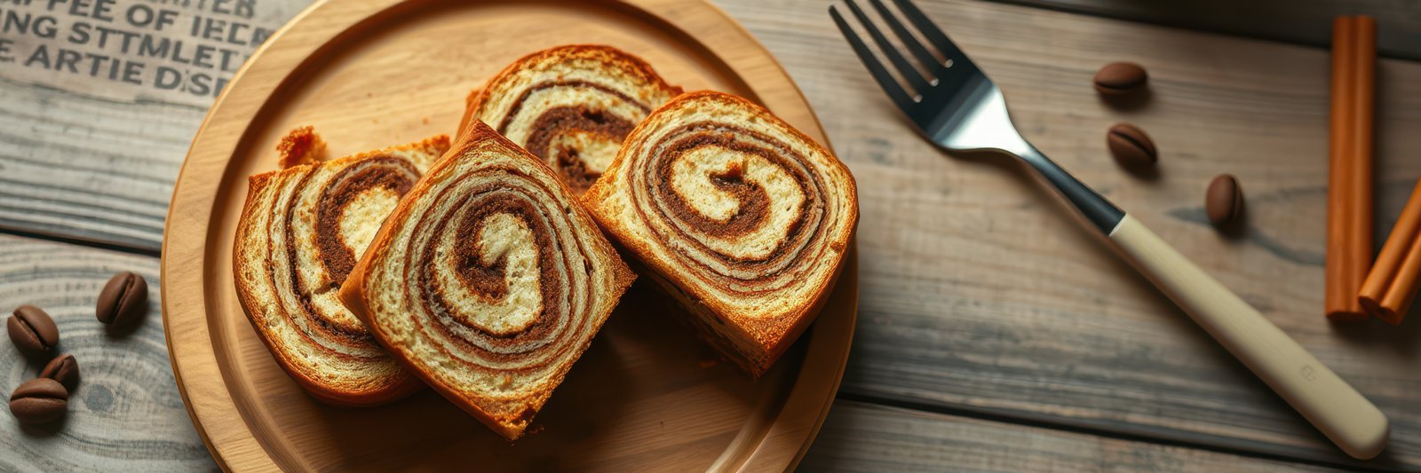 Delicious swirl bread with cinnamon and chocolate served on a wooden platter in a cozy setting